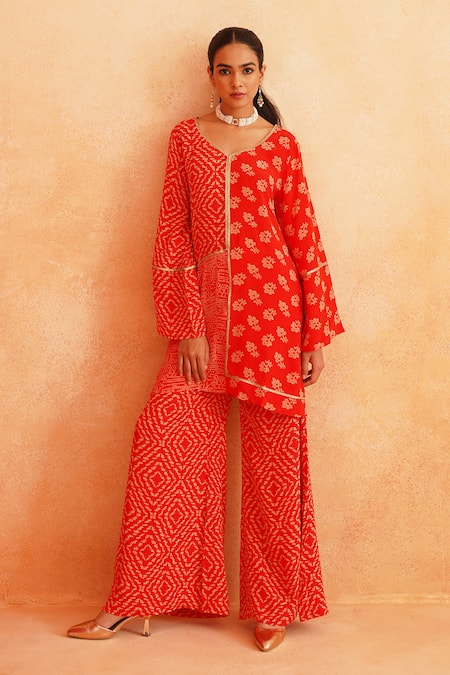 Shop_Palak & Mehak_Red Crepe Embroidery Collared Zara Floral Abstract Print Tunic And Pant Set _Online_at_Aza_Fashions