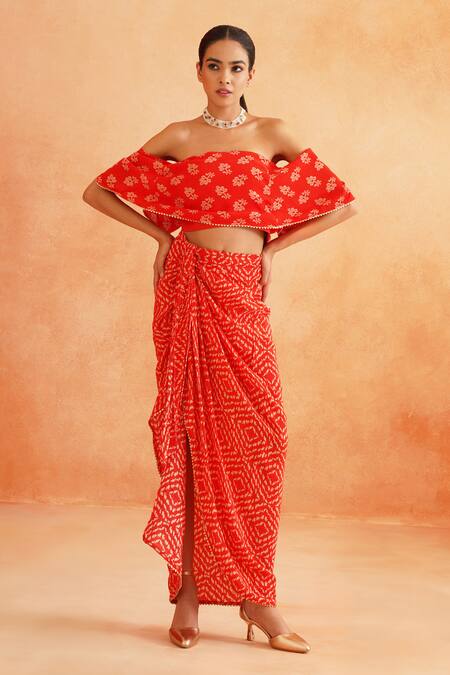 Palak & Mehak_Red Crepe Embroidery Off-shoulder Saira Printed Crop Top And Skirt Set _at_Aza_Fashions