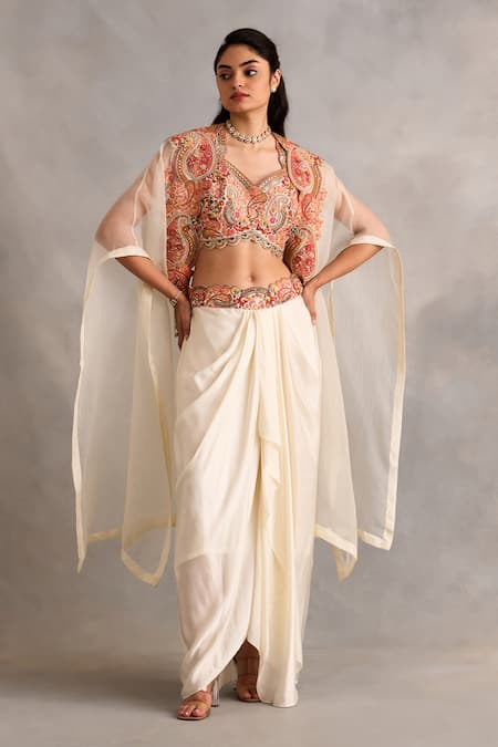 Petticoat Lane by Divya Ivory Bustier Jamevar Chanderi Embroidered Paisley Floral Cape With Skirt Set 