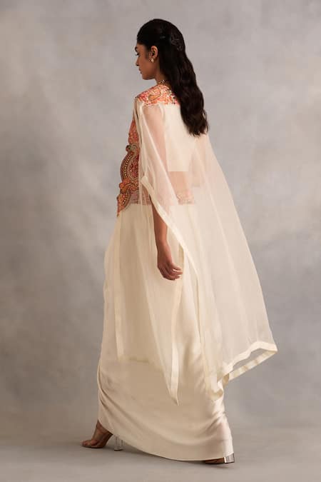 Petticoat Lane By Divya_Ivory Chanderi, Satin Beads, Embroidery Sweetheart Neck Floral Cape And Skirt Set _Online_at_Aza_Fashions