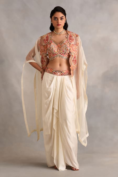 Buy_Petticoat Lane By Divya_Ivory Chanderi, Satin Beads, Embroidery Sweetheart Neck Floral Cape And Skirt Set _Online_at_Aza_Fashions