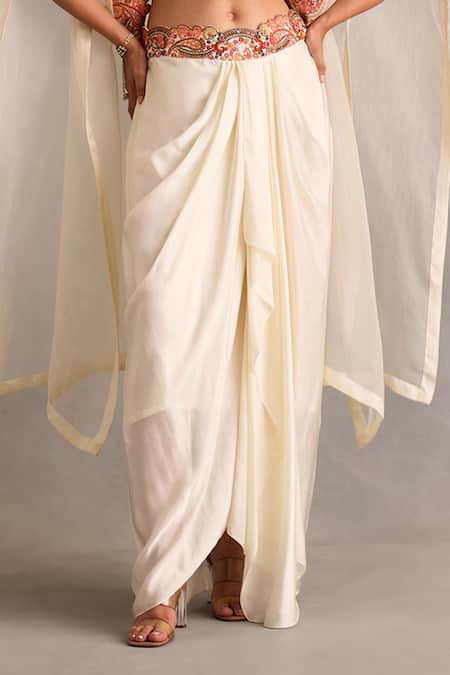 Shop_Petticoat Lane By Divya_Ivory Chanderi, Satin Beads, Embroidery Sweetheart Neck Floral Cape And Skirt Set _Online_at_Aza_Fashions