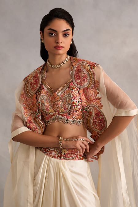 Petticoat Lane By Divya_Ivory Chanderi, Satin Beads, Embroidery Sweetheart Neck Floral Cape And Skirt Set _at_Aza_Fashions