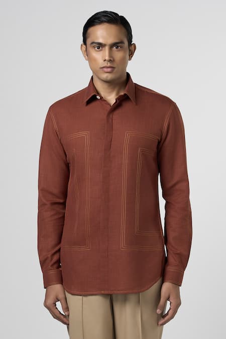 Line out line Brown Matka Cotton Thread Stitching Contrast Shirt 