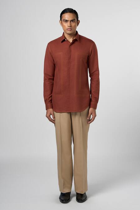 Shop_Line Out Line_Brown Matka Cotton Thread Stitching Contrast Shirt_Online_at_Aza_Fashions