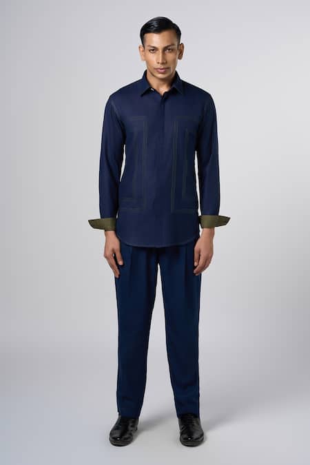 Buy_Line Out Line_Blue Matka Cotton Thread Stitching Contrast Shirt _Online_at_Aza_Fashions