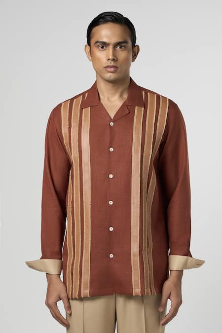 Line out line Brown Matka Cotton Leather Patchwork Striped Shirt 