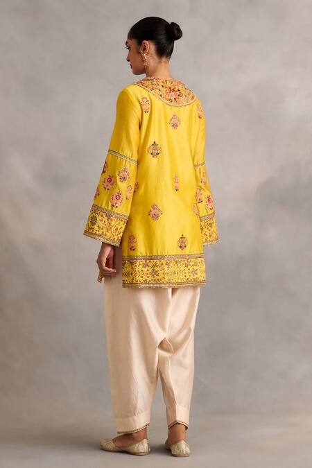 Petticoat Lane By Divya_Yellow Chanderi Beads, Embroidery Split V-neck Pista Green Kurti Set _at_Aza_Fashions