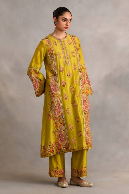 Petticoat Lane By Divya_Green Organza, Chanderi Beads, Embroidery Round Neck A-line Kurta Pant Set _Online_at_Aza_Fashions