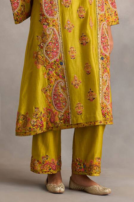 Buy_Petticoat Lane By Divya_Green Organza, Chanderi Beads, Embroidery Round Neck A-line Kurta Pant Set _Online_at_Aza_Fashions