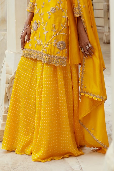 Shop_Pink City By Sarika_Yellow , Organza Metallic Thread, Sunflower Kurta Sharara Set _Online_at_Aza_Fashions