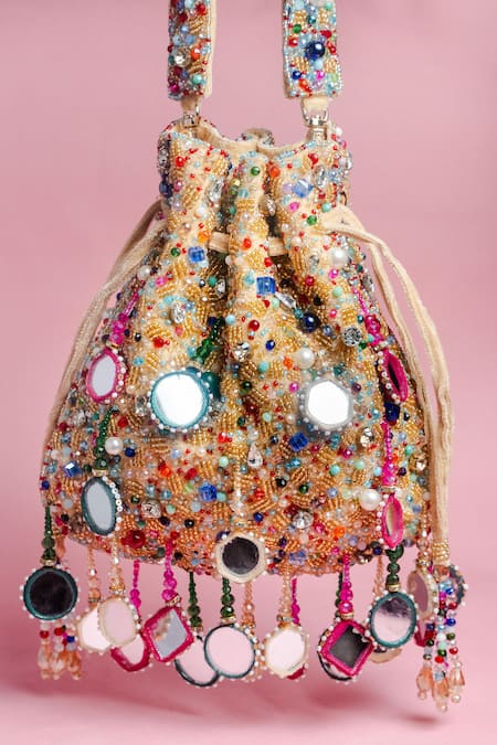 Shop_Nayaab By Sonia_Gold Mirrors, Pearls, Beads Aaina Rangeela Embroidered Potli Bag 