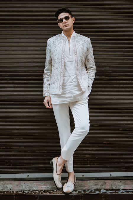 Jatin Malik_Ivory Linen, Silk Beads, Embroidery Dahlia Short Jacket Kurta Set _Online_at_Aza_Fashions
