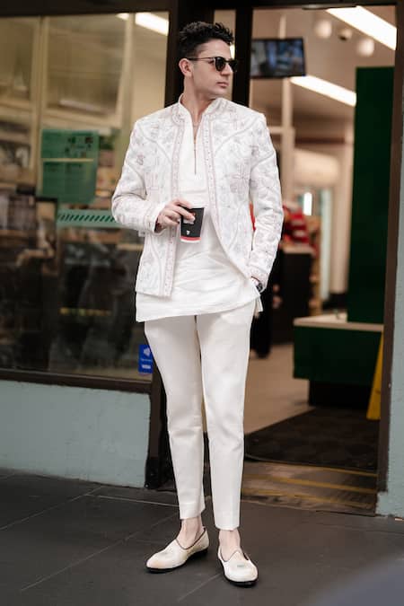 Buy_Jatin Malik_Ivory Linen, Silk Beads, Embroidery Dahlia Short Jacket Kurta Set _Online_at_Aza_Fashions