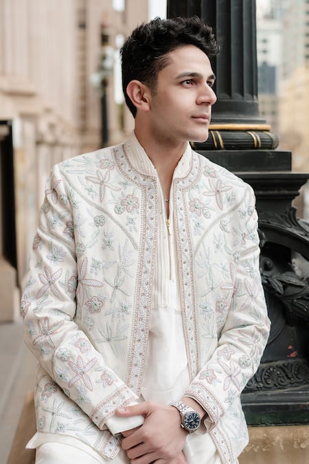 Shop_Jatin Malik_Ivory Linen, Silk Beads, Embroidery Dahlia Short Jacket Kurta Set _Online_at_Aza_Fashions