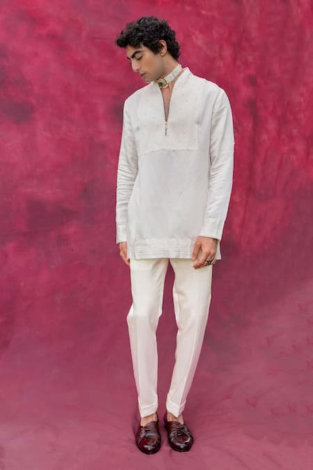 Jatin Malik_Ivory Linen, Silk Beads, Embroidery Dahlia Short Jacket Kurta Set _at_Aza_Fashions