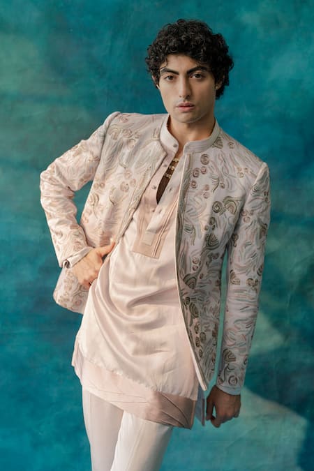 Shop_Jatin Malik_Purple Linen, Silk Embroidery Springtime Pin-tuck Detailed Kurta And Pant Set _at_Aza_Fashions