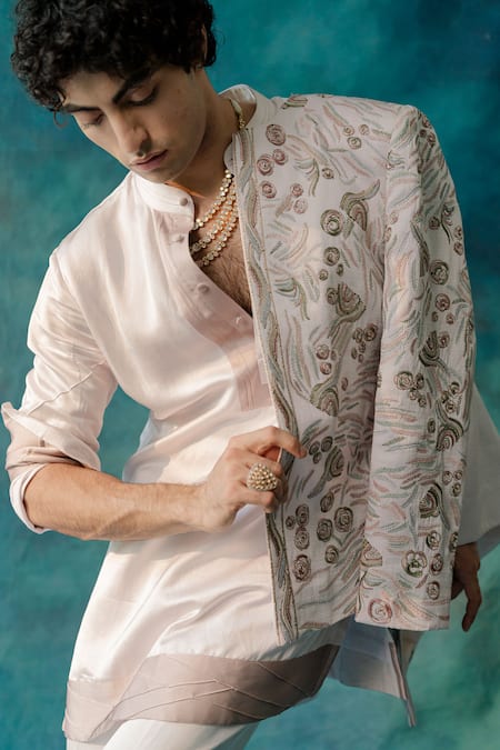 Jatin Malik_Purple Linen, Silk Embroidery Springtime Pin-tuck Detailed Kurta And Pant Set _Online_at_Aza_Fashions