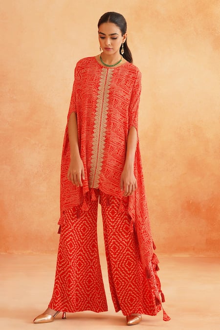 Shop_Palak & Mehak_Red Crepe Tassels Kai Asymmetric Dotted Print Cape And Pant Set _Online_at_Aza_Fashions