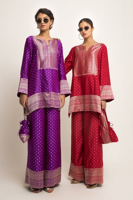 Shop_SOBARIKO_Red Silk Embroidery Split V-neck Sitara Dotted Kurta And Pant Set _Online_at_Aza_Fashions