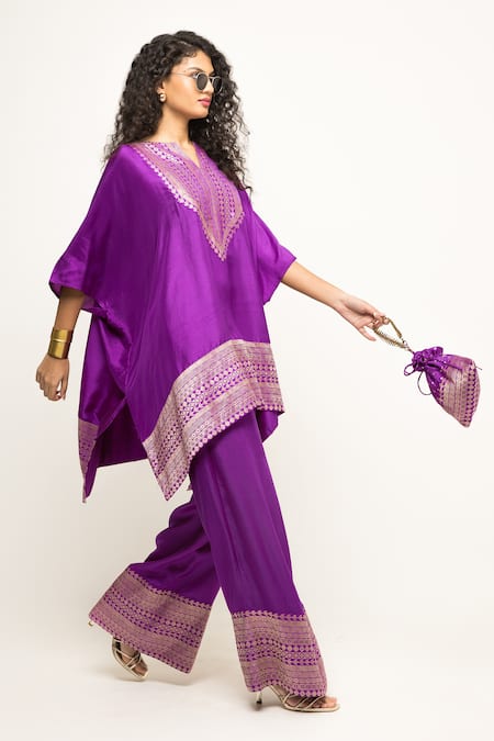 Shop_SOBARIKO_Purple Silk Split V-neck Triya Asymmetric Brocade Kurta And Pant Set _Online_at_Aza_Fashions