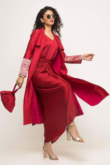 SOBARIKO_Red Silk, Brocade V-neck, Open Alaya Asymmetric Draped Dress With Trench Jacket _Online_at_Aza_Fashions