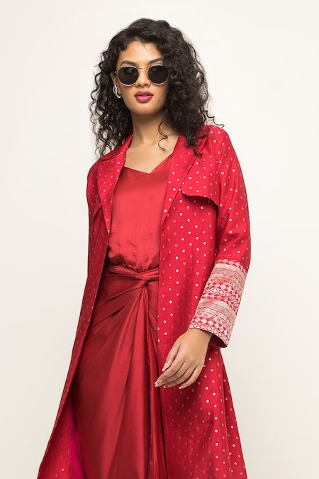 Buy_SOBARIKO_Red Silk, Brocade V-neck, Open Alaya Asymmetric Draped Dress With Trench Jacket _Online_at_Aza_Fashions