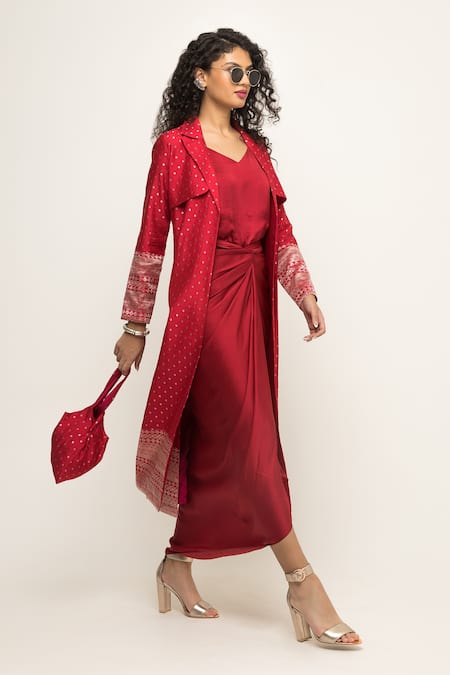 Shop_SOBARIKO_Red Silk, Brocade V-neck, Open Alaya Asymmetric Draped Dress With Trench Jacket _Online_at_Aza_Fashions