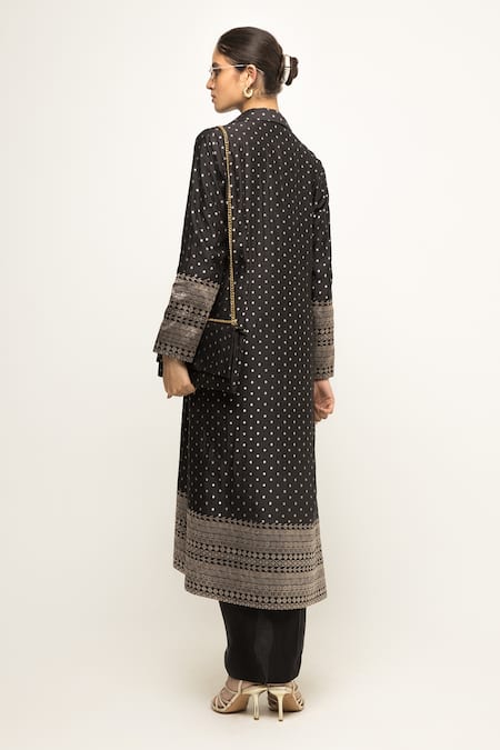 Shop SOBARIKO Black Silk, Brocade Embroidery V-neck, Alaya Draped Asymmetric Dress With Jacket at Aza Fashions Shop_SOBARIKO_Black Silk, Brocade Embroidery V-neck, Alaya Draped Asymmetric Dress With Jacket _at_Aza_Fashions