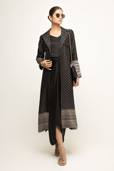 SOBARIKO Black Silk, Brocade Embroidery V-neck, Alaya Draped Asymmetric Dress With Jacket Online at Aza Fashions SOBARIKO_Black Silk, Brocade Embroidery V-neck, Alaya Draped Asymmetric Dress With Jacket _Online_at_Aza_Fashions