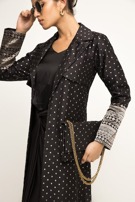 Buy SOBARIKO Black Silk, Brocade Embroidery V-neck, Alaya Draped Asymmetric Dress With Jacket Online at Aza Fashions Buy_SOBARIKO_Black Silk, Brocade Embroidery V-neck, Alaya Draped Asymmetric Dress With Jacket _Online_at_Aza_Fashions