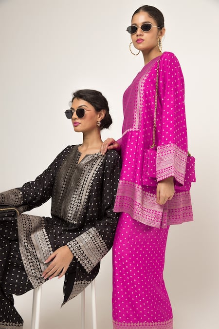 SOBARIKO Black Silk Embroidery Split Sitara Dotted Banarasi Kurta And Wide Legged Pant Online at Aza Fashions SOBARIKO_Black Silk Embroidery Split Sitara Dotted Banarasi Kurta And Wide Legged Pant _Online_at_Aza_Fashions
