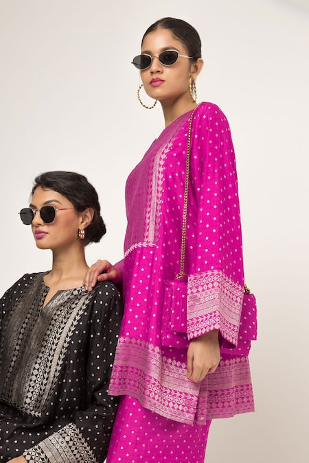 Shop_SOBARIKO_Pink Silk Split V-neck Sitara Dotted Kurta And Wide Legged Pant _Online_at_Aza_Fashions