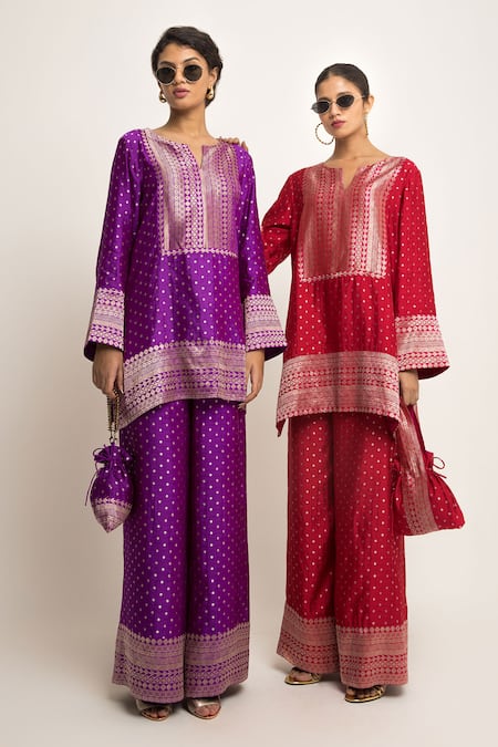 SOBARIKO_Purple Silk Embroidery Split Sitara Dotted Woven Kurta And Wide Legged Pant _Online_at_Aza_Fashions