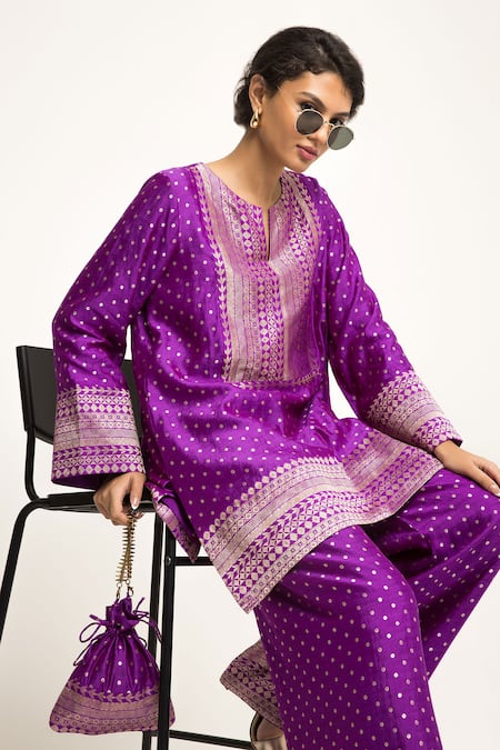 Buy_SOBARIKO_Purple Silk Embroidery Split Sitara Dotted Woven Kurta And Wide Legged Pant _Online_at_Aza_Fashions
