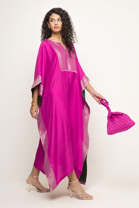 Shop_SOBARIKO_Pink Silk Split V-neck Siya Brocade Asymmetric Kaftan _at_Aza_Fashions