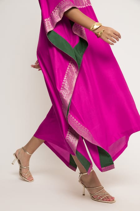 SOBARIKO_Pink Silk Split V-neck Siya Brocade Asymmetric Kaftan _Online_at_Aza_Fashions