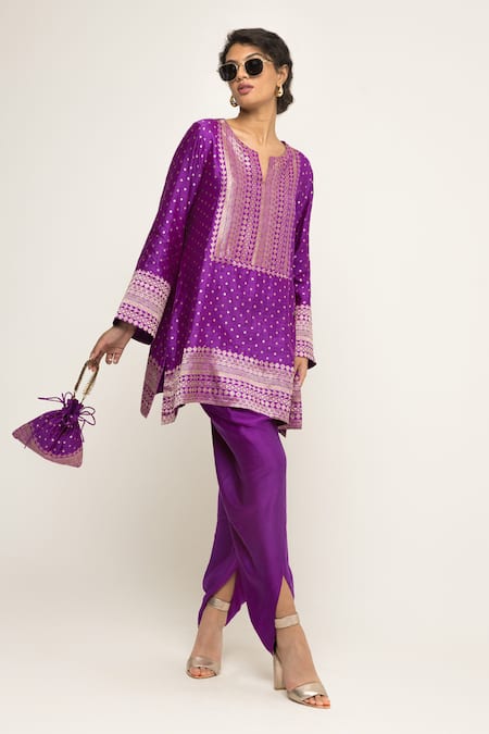 Shop_SOBARIKO_Purple Silk Embroidery Split V-neck Banarasi Brocade Kurta And Dhoti Pant Set _Online_at_Aza_Fashions