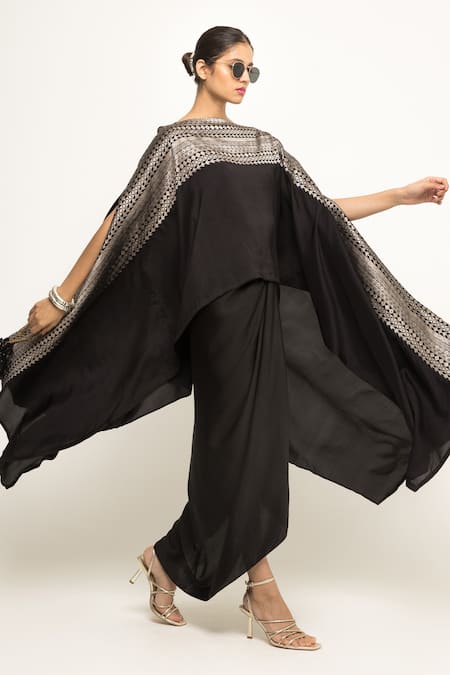 Sobariko Black Silk Woven Brocade Straight Neck Devi Panel Cape With Skirt 