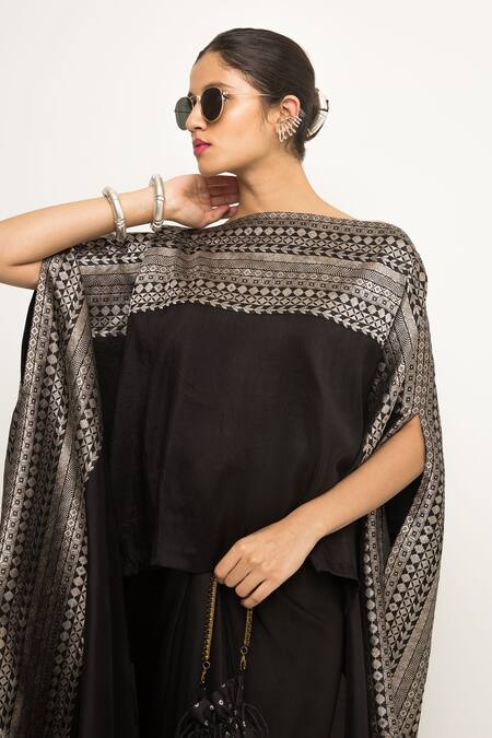 SOBARIKO Black Silk Devi Brocade Panel Cape With Skirt Online at Aza Fashions SOBARIKO_Black Silk Devi Brocade Panel Cape With Skirt _Online_at_Aza_Fashions