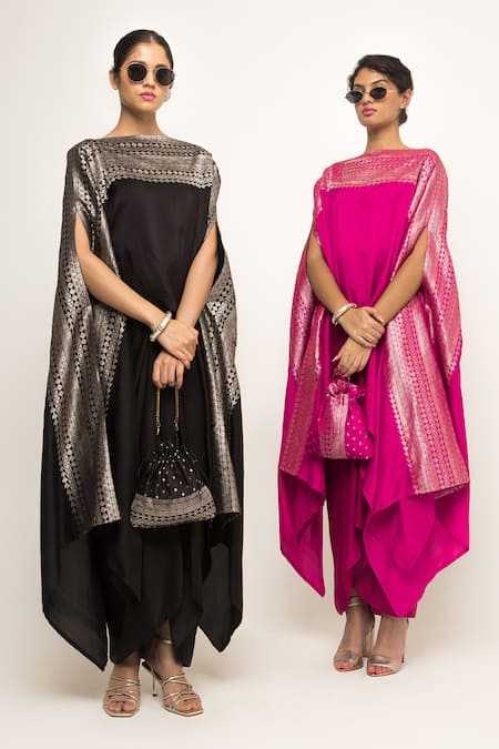 Shop SOBARIKO Black Silk Devi Brocade Panel Cape With Skirt Online at Aza Fashions Shop_SOBARIKO_Black Silk Devi Brocade Panel Cape With Skirt _Online_at_Aza_Fashions