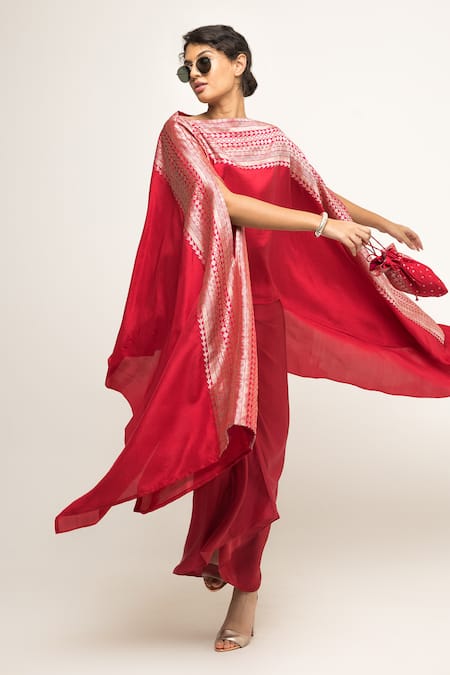 Shop_SOBARIKO_Red Silk Devi Brocade Panel Cape With Skirt _at_Aza_Fashions
