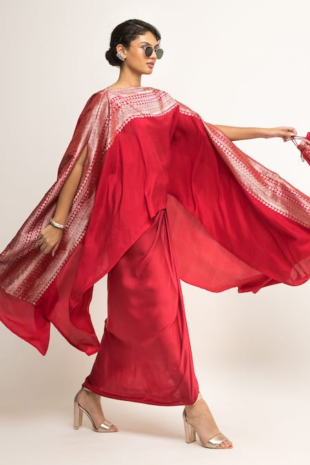 Shop_SOBARIKO_Red Silk Devi Brocade Panel Cape With Skirt _Online_at_Aza_Fashions