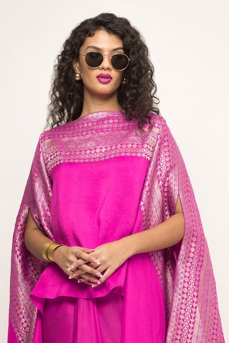 SOBARIKO_Pink Silk Devi Brocade Panel Cape With Skirt _Online_at_Aza_Fashions