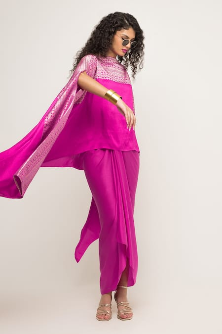 Shop_SOBARIKO_Pink Silk Devi Brocade Panel Cape With Skirt _Online_at_Aza_Fashions