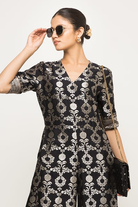 Buy SOBARIKO Black Brocade Embroidery V-neck Maya Floral Pattern Jumpsuit Online at Aza Fashions Buy_SOBARIKO_Black Brocade Embroidery V-neck Maya Floral Pattern Jumpsuit_Online_at_Aza_Fashions