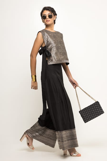 SOBARIKO Black Silk, Brocade Embroidery Round Joli Geometric Pattern Bib Top With Pant Online at Aza Fashions SOBARIKO_Black Silk, Brocade Embroidery Round Joli Geometric Pattern Bib Top With Pant _Online_at_Aza_Fashions