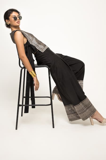 SOBARIKO Black Silk, Brocade Embroidery Round Joli Geometric Pattern Bib Top With Pant at Aza Fashions SOBARIKO_Black Silk, Brocade Embroidery Round Joli Geometric Pattern Bib Top With Pant _at_Aza_Fashions