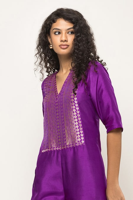 SOBARIKO Purple Silk, Brocade Embroidery V-neck Sayra Bodice Jumpsuit Online at Aza Fashions SOBARIKO_Purple Silk, Brocade Embroidery V-neck Sayra Bodice Jumpsuit _Online_at_Aza_Fashions