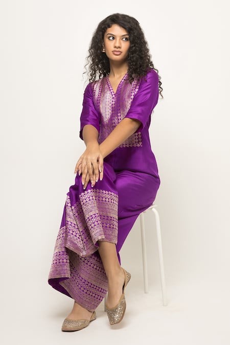 Buy SOBARIKO Purple Silk, Brocade Embroidery V-neck Sayra Bodice Jumpsuit Online at Aza Fashions Buy_SOBARIKO_Purple Silk, Brocade Embroidery V-neck Sayra Bodice Jumpsuit _Online_at_Aza_Fashions